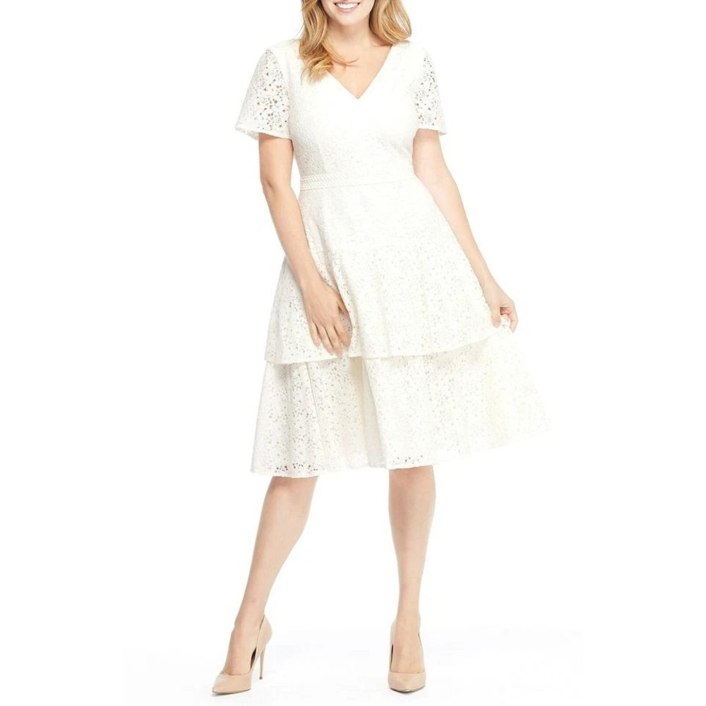 Gal Meets Glam Floral Lace Tiered Mini Dress Bow Back Cutout White Womens Size 4